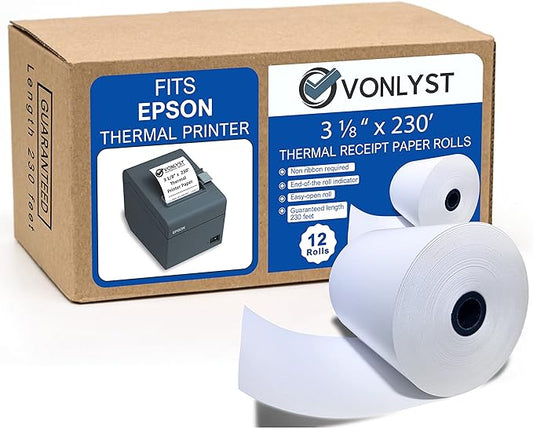 3 1/8 x 230 Thermal Paper Receipt Roll for Epson Printer (Pack 12 rolls)