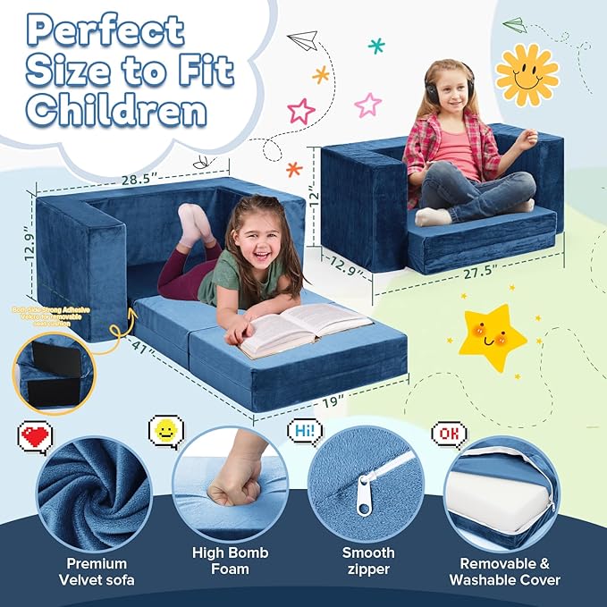Kids Couch Sofa, 7 Pcs Modular Toddler Couch, Freely Removable Kids Chair Sofa for Playing, Creativity, Sleeping, Versatile Fold Out Baby Play Couch Set for Playroom, Bedroom Furniture