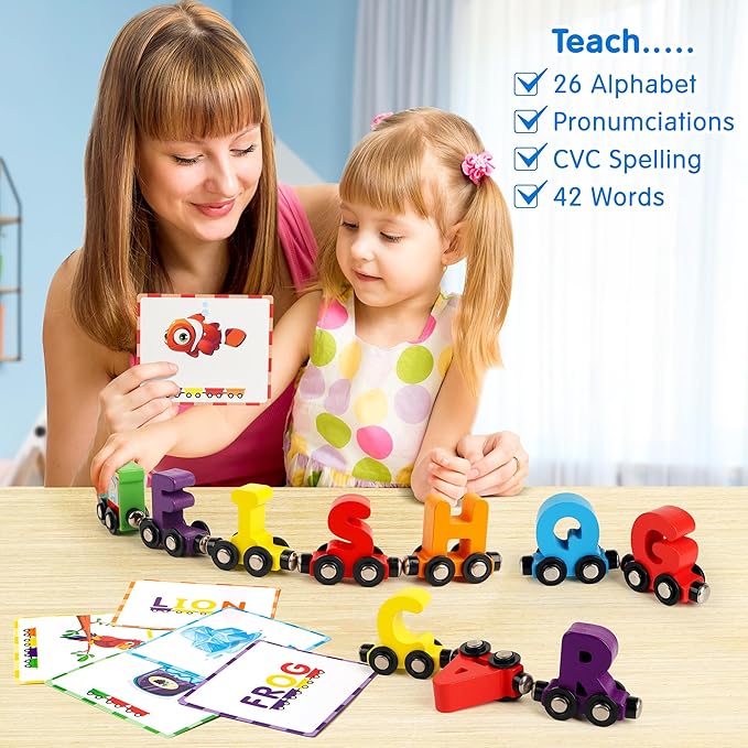 27 PCS Magnetic Wooden Alphabet Train Set, ABC Learning Toy with 42 Flash Cards, 1 Engine and Storage Bag, Educational Letter Toy Trains for Toddlers, Boys Girls, Ideal Gift for 3-7 Year Olds