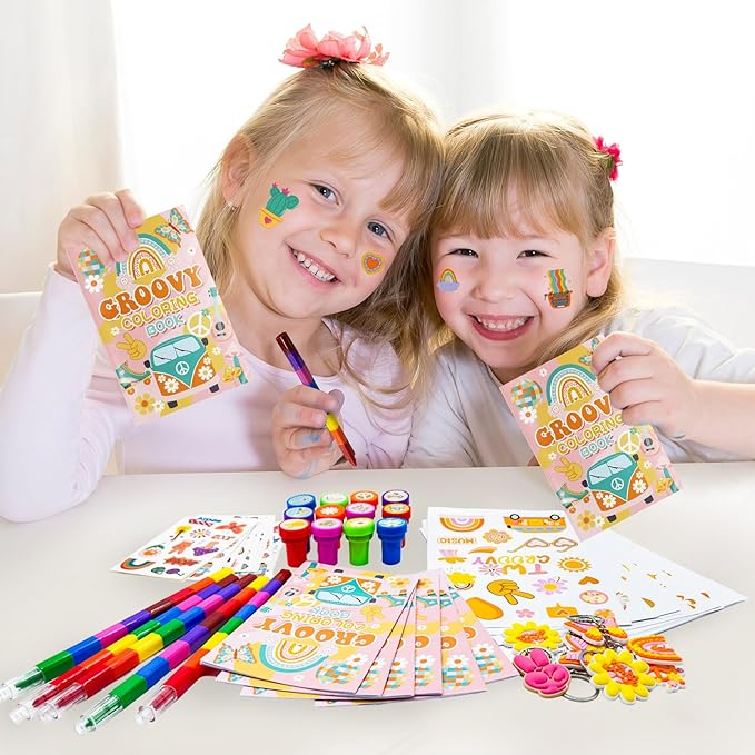 72 Pcs Groovy Coloring Book with Crayons Bulk,Retro Hippie Daisy Flower Party Favors Goodie Bags Fillers,Rainbow Boho Birthday Party Supplies Face Stickers Tattoo Prizes Gift for Groovy Party