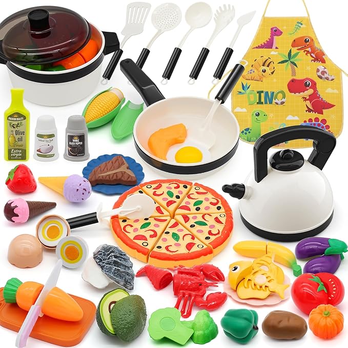 39 Items 62Pcs Play Kitchen Toy Accessories Set, Kids Kitchen Set with Play Pots and Pans, Pretend Play Food, Cooking Utensils, Apron, Toddler Kitchen Playset Kids Girls Boys Age 3+…