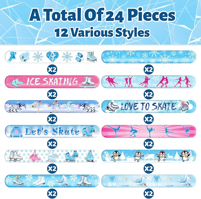 74 PCS Ice Skating Skate Party Favors, 24 PCS Ice Skating Slap Bracelets, 50 PCS Ice Skating Stickers Winter Ice Skating Birthday Party Decorations Supplies for Kids Boys Girls
