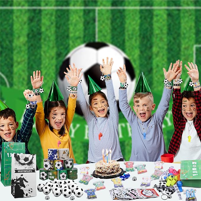158Pcs Soccer Party Favors with Soccer Party Bags Soccer Whistle Mini Foam Soccer Ball Slap Bracelets Keychains Sticker Tattoo for Party Goodie Bag Fillers Soccer Party Decorations