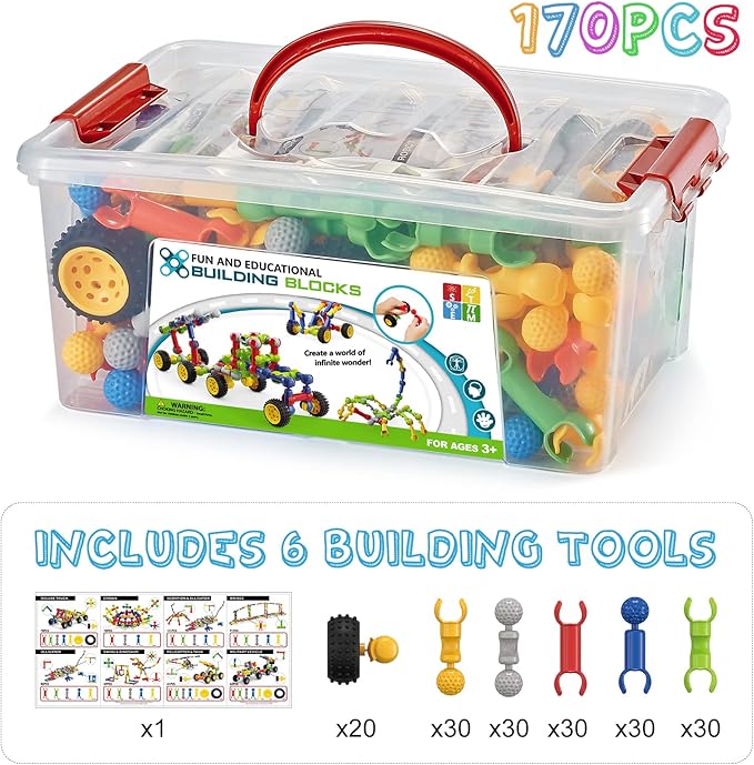 170 Pcs Building Toys for Kids Ages 4-8 with Toy Box Storage, Idea Guide, Building Blocks STEM Toys for 3 4 5 6 7 8 9 Year Old Creative Kids Activity, Christmas Birthday Gifts for Boys Girls