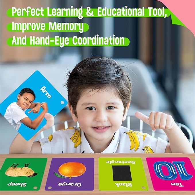 50 PCS Early Learning Flashcards, 7 in 1 Double Sided Cards- Alphabet, Numbers, Foods, Animals, Shapes, Colors with 2 Reclosable Rings, Learning Tool for Pre-K Kindergarten Toddlers