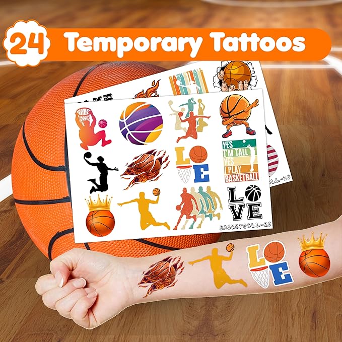 48PCS Basketball Party Favors - 24PCS Tattoos & 24PCS Slap Bracelets - Sport-Themed Birthday Supplies, Decorations, Gifts, Classroom Prizes, Carnival Rewards for Boys & Girls