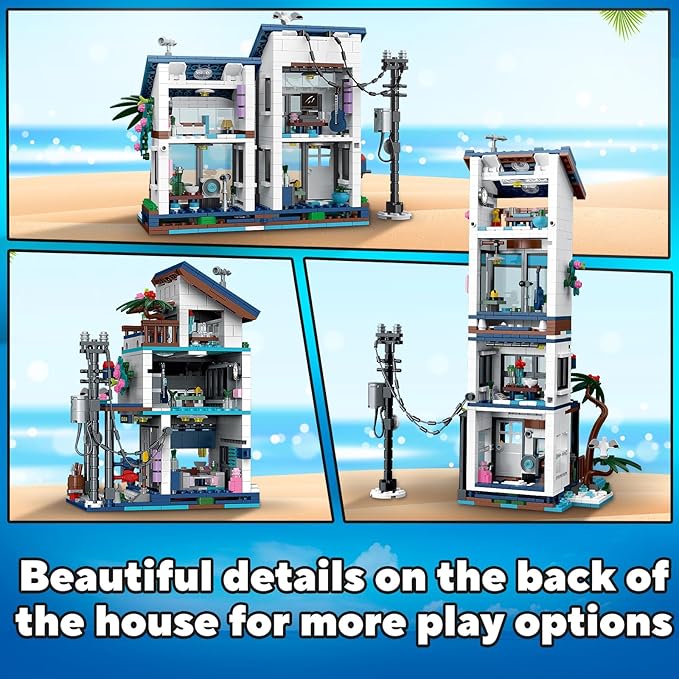 3 in 1 City House Building Sets,Compatible with Lego Creative Modern House with Light,Seaside Beach Villa Japanese Style Cottage Friends Vacation Hut Building Blocks Toys for Kids Ages 6+