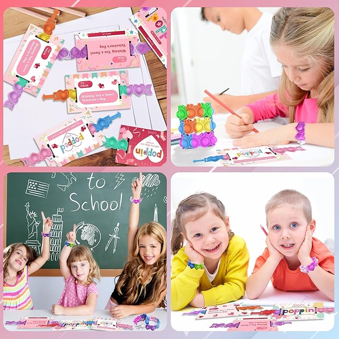 30 Pcs Valentine's Day Pop Bracelets Toys with Cards Heart Pop Bracelets Bubble for Kids School Classroom Prizes, Valentine's School Class Exchange Cards and Kids Party Favors