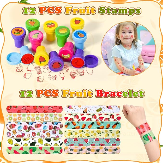84Pcs Fruits Party Favors for Kids Squeeze Bouncy Ball Ring Keychain Slap Bracelet Tattoo Mini Toy Gift Summer Girl Boy Goodie Bag Stuffer Filler Watermelon Apple Strawberry Birthday Party Supplies