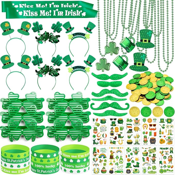 180Pcs St. Patrick's Day Accessories Party Favor Set, Tattoo Stickers, Necklaces, Bracelets, Shamrock Glasses, Headbands, Mustaches, Coins and Kiss Me I'm Irish Sash for Irish Party Supplies