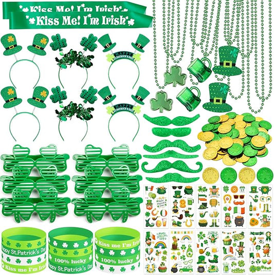 180Pcs St. Patrick's Day Accessories Party Favor Set, Tattoo Stickers, Necklaces, Bracelets, Shamrock Glasses, Headbands, Mustaches, Coins and Kiss Me I'm Irish Sash for Irish Party Supplies