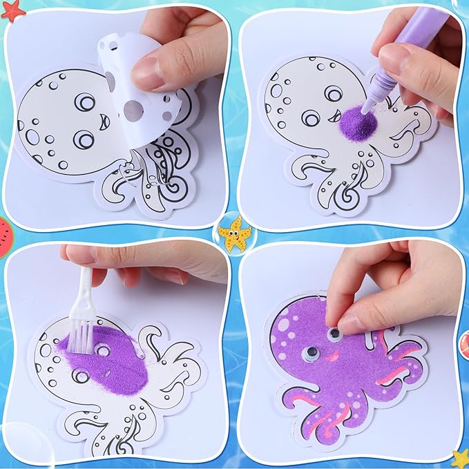24 Sets Ocean Animal Sand Art Kits for Kids Magnet Craft DIY Summer Sea Animals Craft with Eyes Sand Art Painting Magnet Ornaments for Fun Home School Classroom Activities Party Favors
