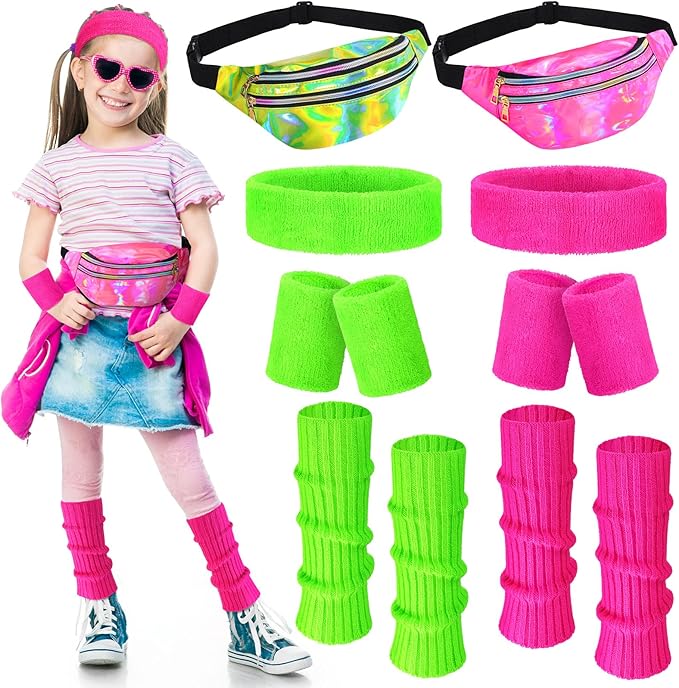 Giegxin 2 Set 80s Leg Warmers Set for Girls Kids Neon Ribbed Knit Leg Warmers Fitness Headband Wristbands for Cosplay Party