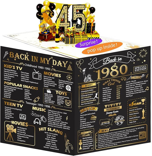 45th Birthday Card for Men Women, 3D Pop Up 45th Birthday Gifts Cards for Him Her, Back In 1980 Funny 45 Year Old Birthday Decorations
