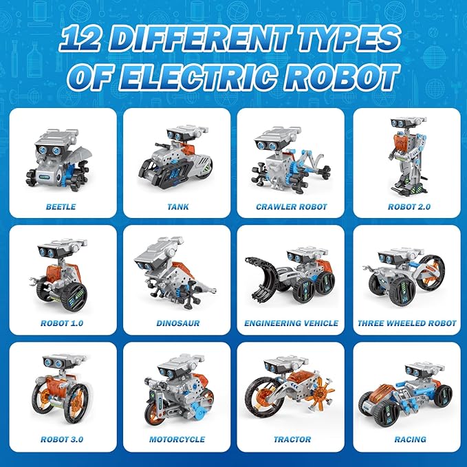 AESGOGO 12-in-1 Electric Robot Kit, STEM Projects Toys for Kids Age 8-12 Birthday Gifts, DIY Building Science Experiment Kit Battery Powered Education for Boys Girls Aged 8 9 10 11 12 13 14 Years Old
