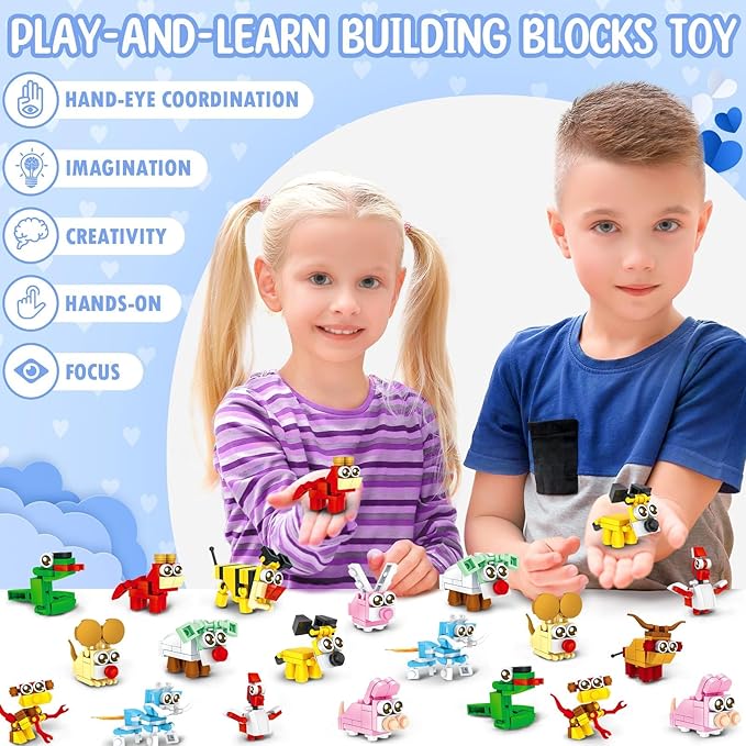 24 Pack Valentines Day Gifts for Kids 8-12, Animal Building Blocks Kit with Gift Cards for Kids School Classroom, Valentines Party Favors Exchange for Boy Girl, Kid Basket Stuffers Fillers Toy