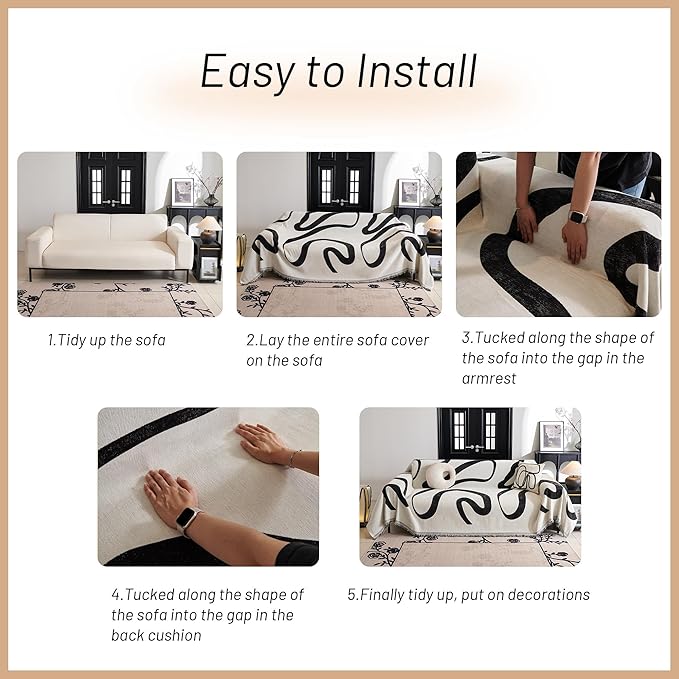 MYSKY HOME Couch Cover for 3 Cushion Couch Sofa Cover, Super Soft Boho Couch Covers for Dogs Washable, Jacquard Sofa Slipcover Furniture Protector for Living Room, 91" x 134", Black Curve