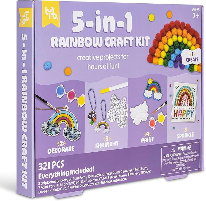 5-in-1 Rainbow Craft Kit - Multi-Project Colorful-Themed DIY Craft Set, All-in-1, Create-Build-Paint-Discover-Scratch, Kids 7+