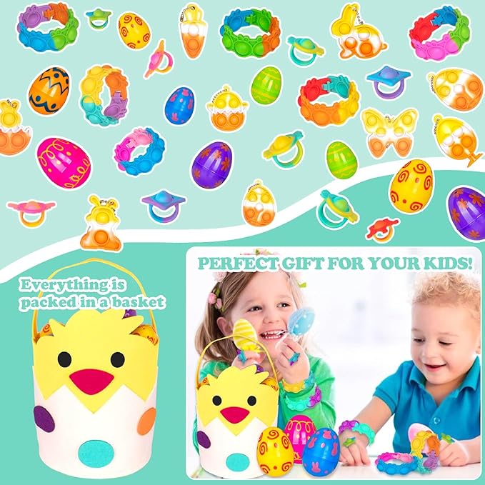 30 Packs Easter Plastic Printed Bright Eggs,Easter Theme Pop Keychain Bracelets Rings Bubble Toys Set,Fidget Stress Relief Squeeze for Basket Stuffer,Classroom Exchange Game Prize Supplies