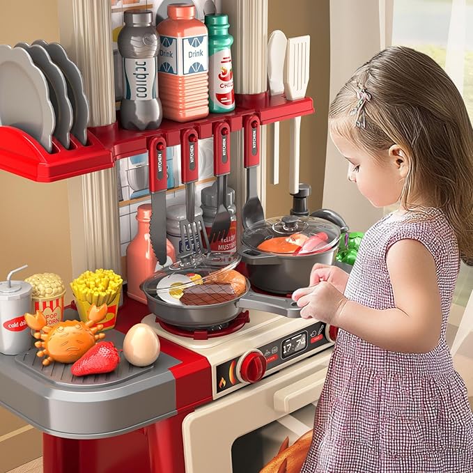 Kids Kitchen Playset for Toddlers, Kids Play Kitchen Set with Sounds and Lights for Toddlers 3-5 6-8, Pretend Food Toy Kitchens Christmas Birthday Gifts for Toddlers Kids 3 4 5 6 7 8 Years Old
