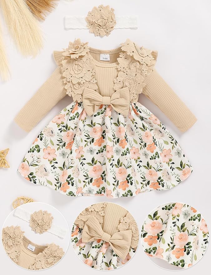Baby Girl Dress Fall Flower Ruffle with Lace Headband Toddler Girls 3M-3T Infant Dresses Winter Baby Girl Clothes