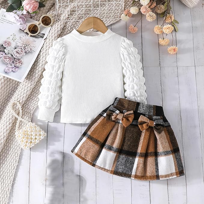 Fernvia Toddler Baby Girl Fall Winter Skirt Set Turtleneck Ribbed Long Sleeve T-Shirt Top & Plaid Skirts Dress 2Pcs Outfits