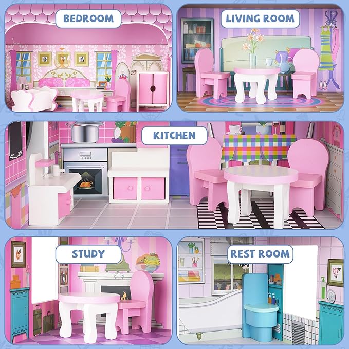 Wooden Dollhouse for Girls, 3-Story Doll House Playset with Furniture & Accessories, Large DIY Wooden Dream House for Kids, Pretend Play Dollhouse Kit, for Toddlers & Girls