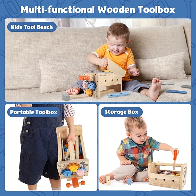Vextronic Kids Tool Set, 38 PCS Wooden Montessori Toy Tools for Toddlers 1 2 3 4 5 6 with Tool Bench/Box, Play Toddler Tool Set, Educational STEM Construction Christmas Birthday Gift for Boys Girls