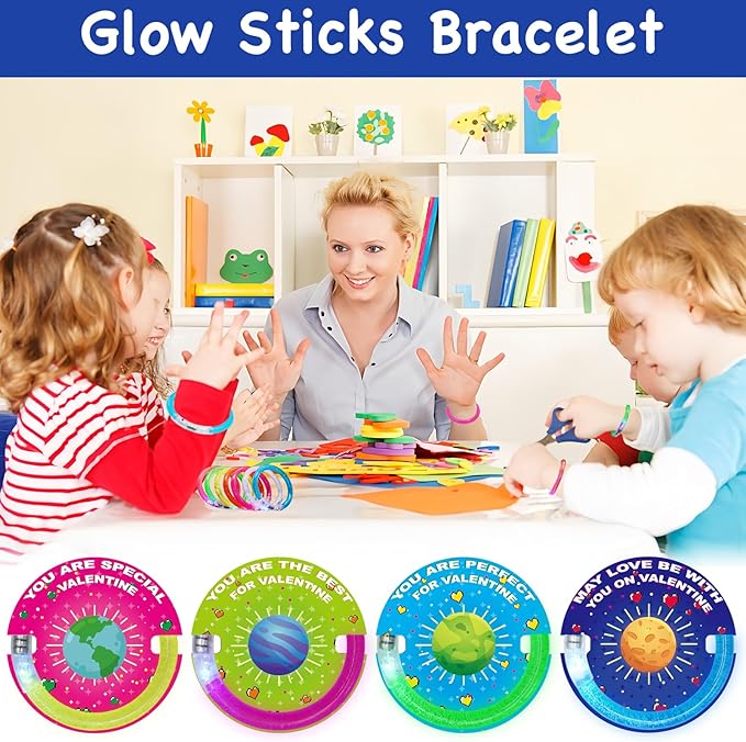 28 Pack Valentines Day Gifts for Kids，Valentine Glow Sticks Bracelet with Valentine's Day Gift Cards for Valentine Light Up Toy Valentines Day Gifts for kids School Classroom Party Favors Supplies