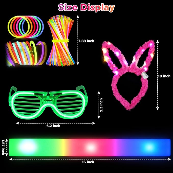 140Pcs Glow in the Dark Party Supplies, 100PCS Glow Sticks, 20PCS Big LED Foam Light Up Sticks, 10PCS LED Glasses, 10PCS LED Rabbit Ears Hairpin, for Wedding/BirthdayDance Floor