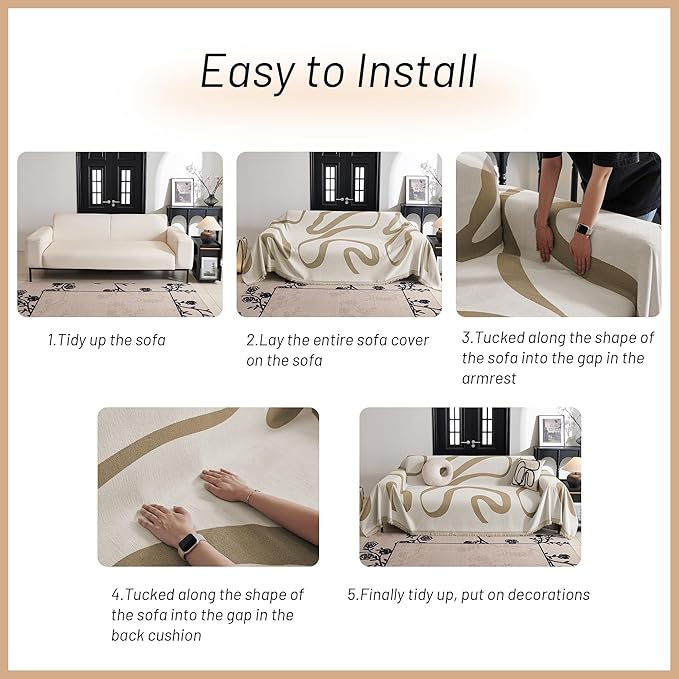 MYSKY HOME Couch Cover for 3 Cushion Couch Sofa Cover, Super Soft Boho Couch Covers for Dogs Washable, Jacquard Sofa Slipcover Furniture Protector for Living Room, 91" x 134", Khaki Curve