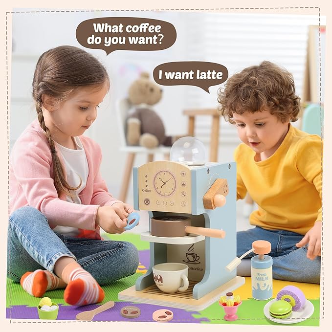 Kids Coffee Playset Kitchen Toys，Wooden Coffee Maker Toy Set with Play Kitchen Accessories, Pretend Play Coffee Set for Kids Girls Boys