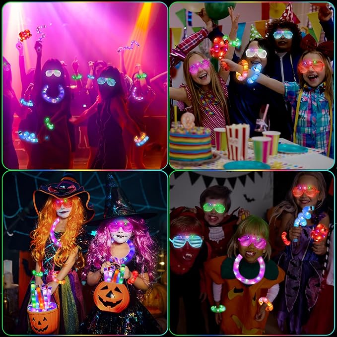 76 Pcs Glow Sticks Light Up Pop Tubes &LED Glasses Party Favors, Glow Bracelets Necklaces Camping Toys, Rave Neon Flashing Glasses for Birthday Return Gift Goodie Bag Christmas Stuffer School Prizes