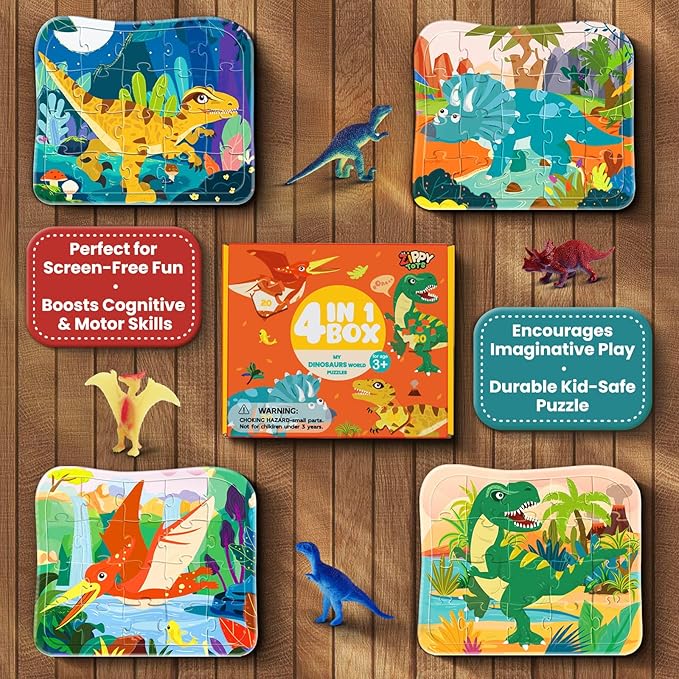 Wooden Dinosaur Puzzles for Kids Ages 4-6, 4 in 1 Gift Box 4-Pack 20-Piece Jigsaw Puzzles Come with 4 Small Dino Figures,Preschool Educational Toys Gifts for Kids Boys Girls Ages 3+