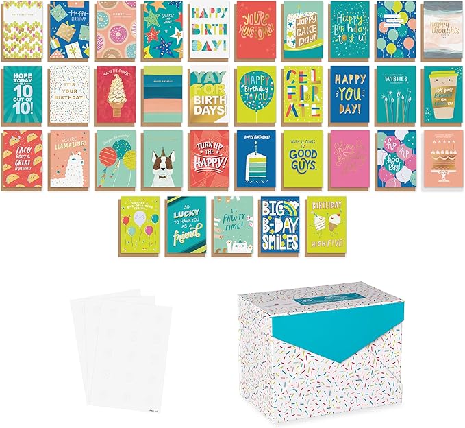 American Greetings 35-Count Birthday Card Assortment with Envelopes, Seals, and Storage Box (Confetti)