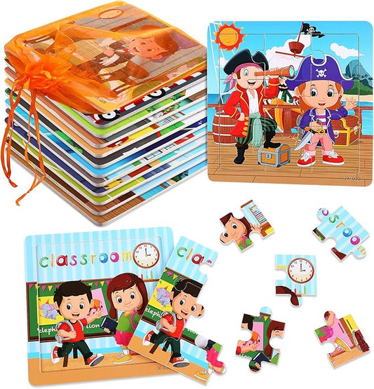 SANNIX 12 Pack Wooden Jigsaw Puzzles for Toddlers, Characters Puzzles for Kids Party Favors, Educational Puzzles Learning Travel Toy with 12 Organize Bags