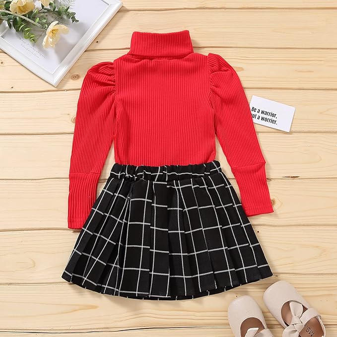 Fernvia Toddler Baby Girl Fall Winter Skirt Set Turtleneck Ribbed Long Sleeve T-Shirt Top & Plaid Skirts Dress 2Pcs Outfits