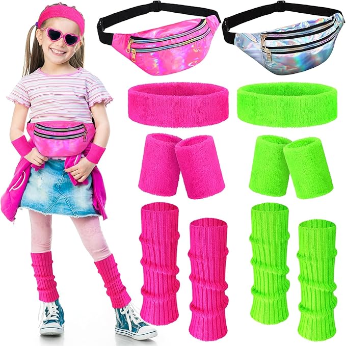 Giegxin 2 Set 80s Leg Warmers Set for Girls Kids Neon Ribbed Knit Leg Warmers Fitness Headband Wristbands for Cosplay Party
