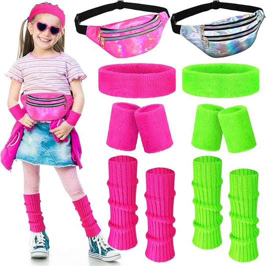 Giegxin 2 Set 80s Leg Warmers Set for Girls Kids Neon Ribbed Knit Leg Warmers Fitness Headband Wristbands for Cosplay Party