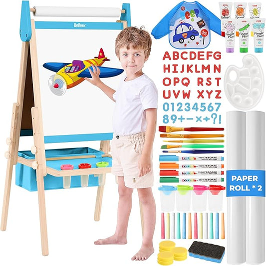 All-in-One Art Easel for Kids with 2 Paper Rolls & Deluxe Accessories, Adjustable Magnetic Double Sided Whiteboard & Chalkboard, Painting Kid Easel for Toddlers 2-8, Ideal Christmas Gift