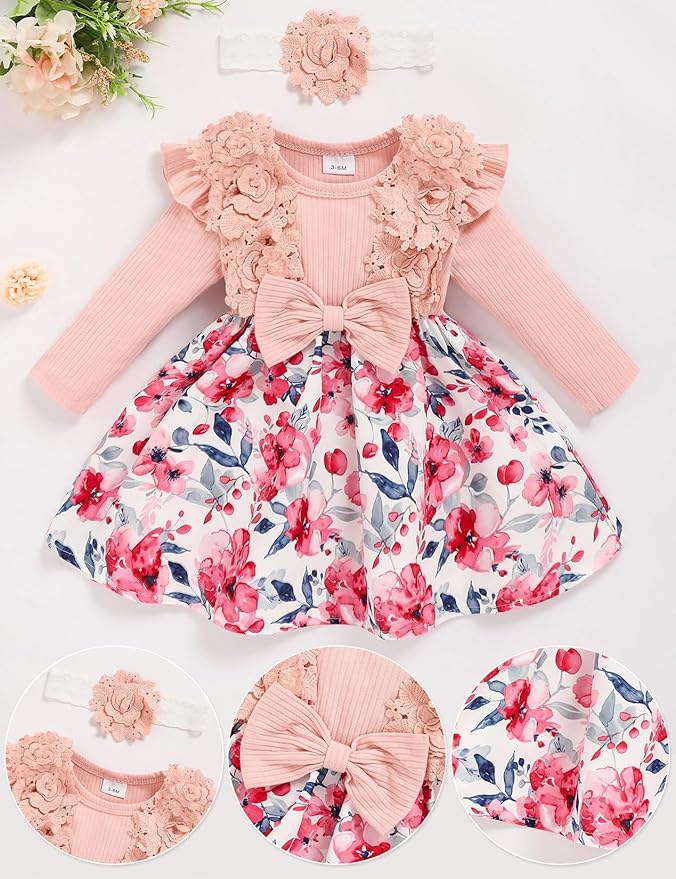 Baby Girl Dress Fall Flower Ruffle with Lace Headband Toddler Girls 3M-3T Infant Dresses Winter Baby Girl Clothes
