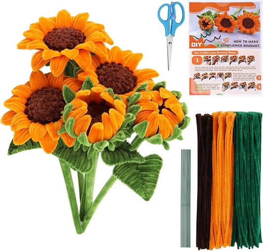 430PCS Pipe Cleaners Chenille Stem Craft Flower Supplies, Pipe Cleaner Flowers Crafts, Pipe Cleaner Sunflowers Kit with Instructions, 3 Colors Pipe Cleaners Set for DIY Art Craft Decorations-5 flowers