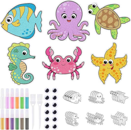 24 Sets Ocean Animal Sand Art Kits for Kids Magnet Craft DIY Summer Sea Animals Craft with Eyes Sand Art Painting Magnet Ornaments for Fun Home School Classroom Activities Party Favors