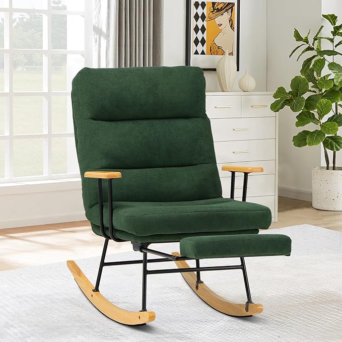 Rocking Chair with Footrest-Glider Rocker Chair with Retractable Footrest and Adjustable Backrest, Teddy Upholstered Rocking Chair, Modern Accent Chair for Living Room/Nursery/Bedroom/Outdoor-Green