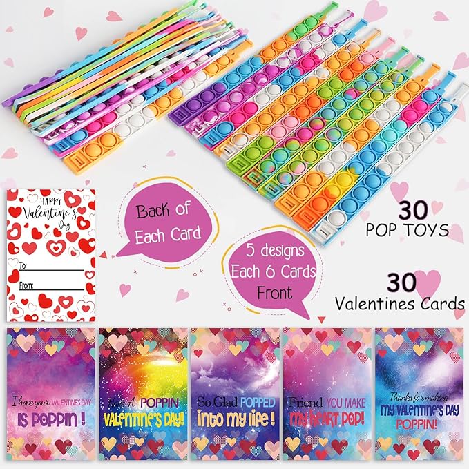 30 Pack Valentines Day Gift Cards for Kids Classroom, Pop Fidget Bracelets Stress Relief Sensory Toy School Classroom Gifts Exchange Valentines Party Favors