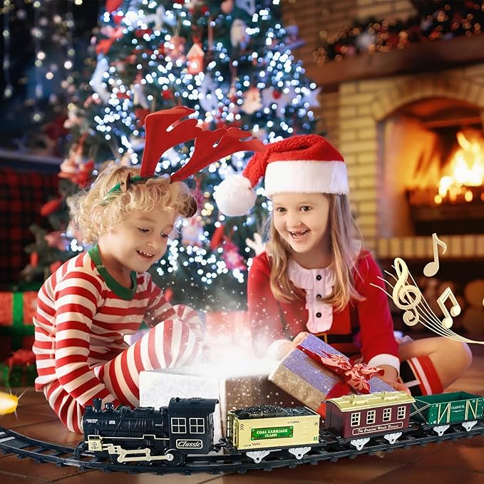 Kids Train Set - Train Toys w/Sounds (Turn ON/Off), Lights, Electric Toddlers Classical Train for Christmas Village Tree, Train Set for Toddlers 2-4, Christmas Toys Gifts 3 4 5 6 7 8+ Year Old