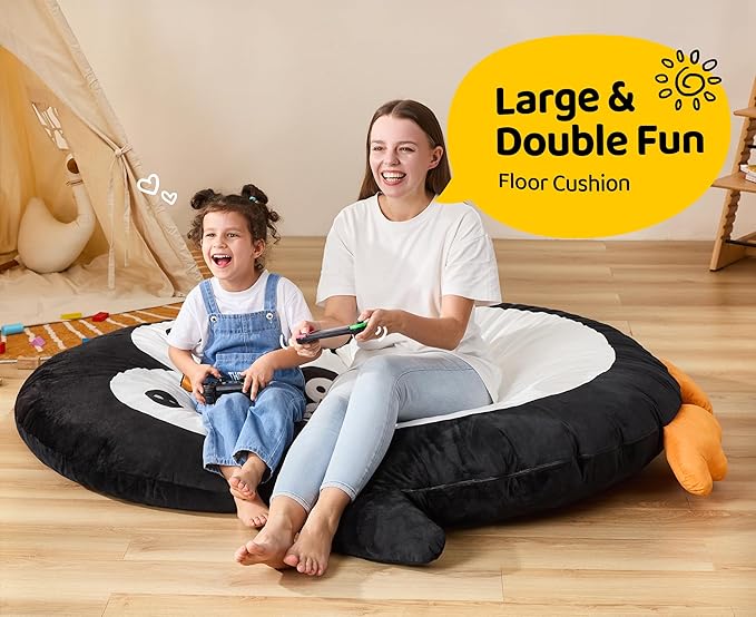 Bean Bag Chairs Bean Bag Floor Cushion Sleeping Mat Bean Bag Chair Adults Beanbag Lounger with Cute Penguin Design for Living Room Bedroom or Playroom (Large,Black)