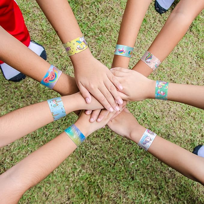 48pcs Slap Bracelets Kids Girls Snap Bracelet Bands for Rainbow Wristbands Bracelets Party Rainbow Party Fillers Decoration