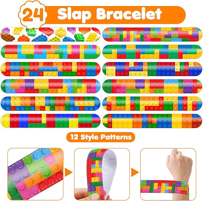 48PCS Building Block Party Favors - 24PCS Tattoos & 24PCS Slap Bracelets - Birthday Party Supplies, Classroom Prizes, Carnival Gifts, Christmas Decorations for Boys & Girls