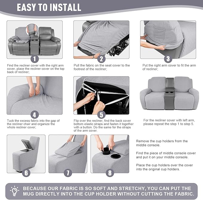 KinCam Loveseat Recliner Covers with Middle Console Slipcover, Recliner Sofa Covers 2 Seat Couch Cover Stripe Jacquard Furniture Protector Covers with Elastic Bottom for Kids, Pets (Silver Gray)